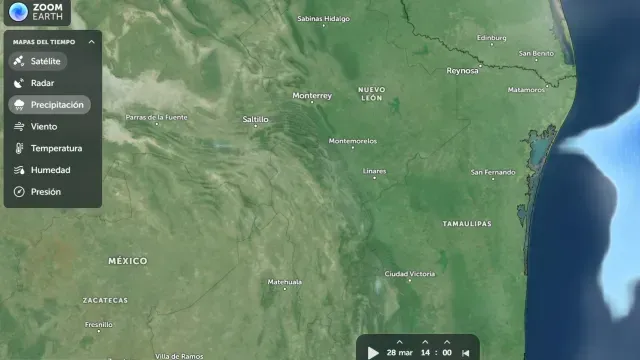 Alrededor de las 14:00 horas, se espera que el temporal haya salido de Tamaulipas. Foto: Zoom Earth