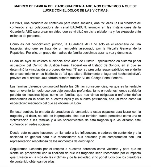 Madres de familia de Guardería ABC emiten comunicado acerca de la vinculación a proceso de influencer Ana "N"