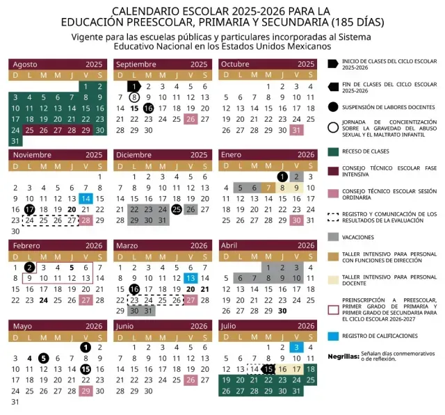 Calendario de la SEP de 185 días para el ciclo escolar 2025-2026. Foto: DOF