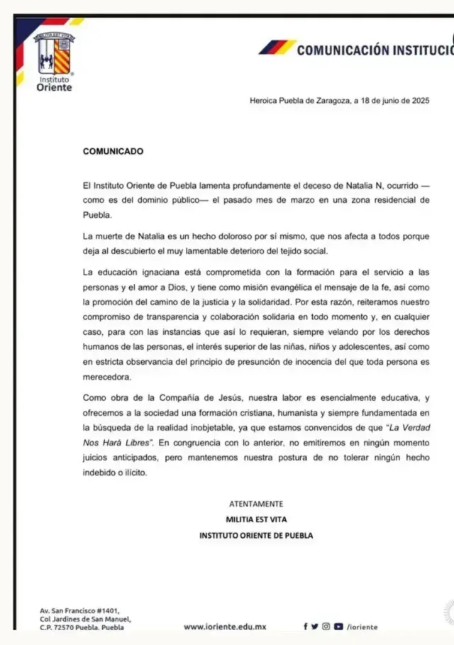 Postura del Instituto Oriente sobre proceso legal de Natalia Andrade