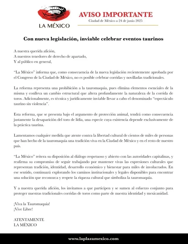 Comunicado La Plaza México