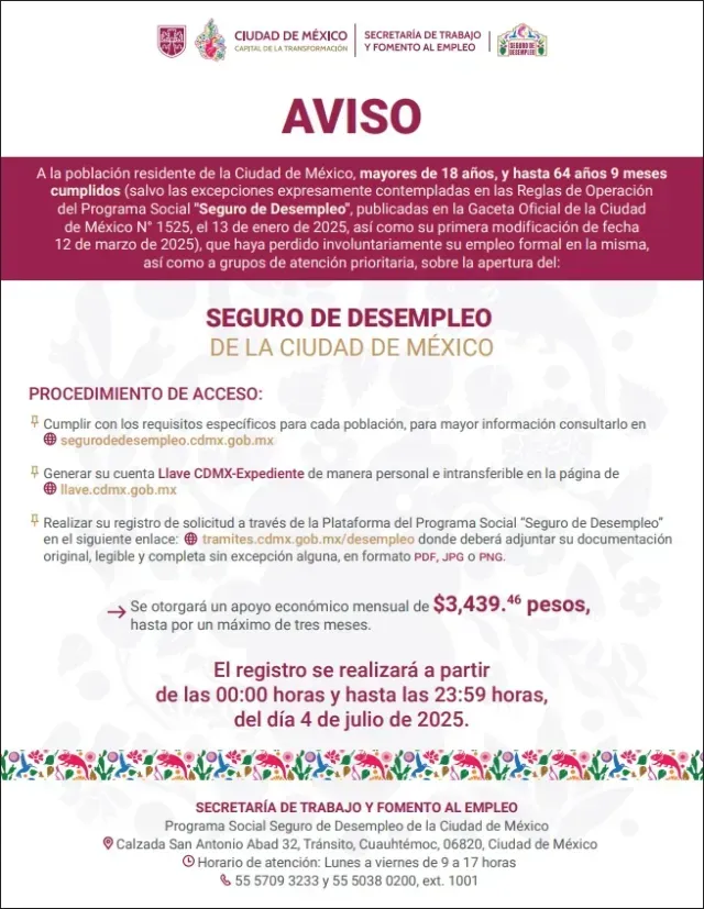 Convocatoria del programa social Seguro de Desempleo 2025 de la CDMX. Crédito: Especial
