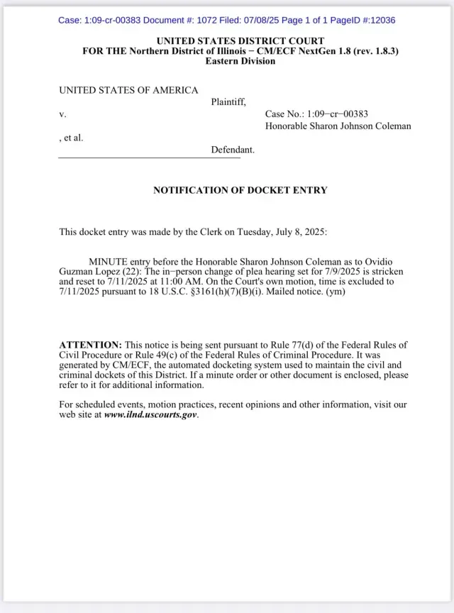 Documento donde se informa cambio de fecha de audiencia de Ovidio Guzmán, El Ratón.