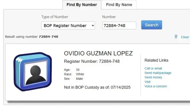 Registro Federal de Ovidio Guzmán en EUA.