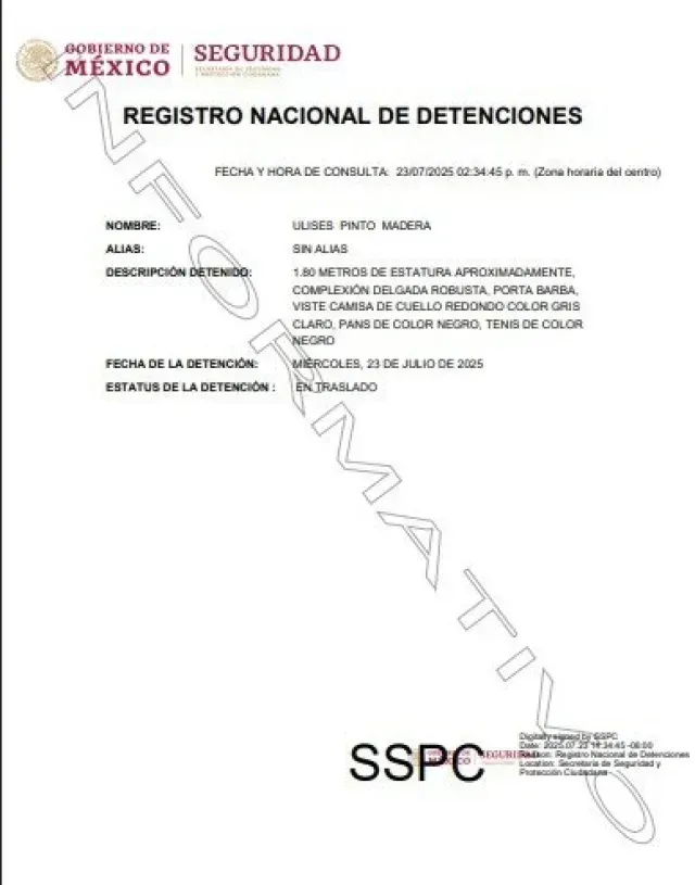 La captura de Ulises 'N' quedó consignada en el Registro Nacional de Detenciones. Imagen: Captura de pantalla