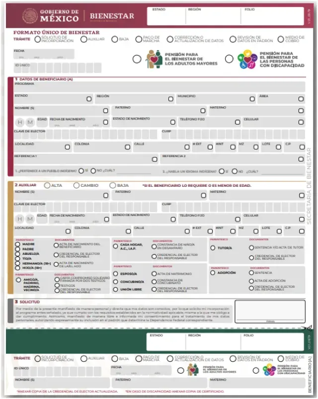 Este es un ejemplo del Formato Único de Bienestar, para el registro de Pensión Mujeres de 60 a 64 años.