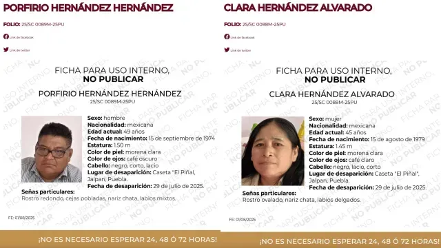 Matrimonio reportado como desaparecido fue localizado sin vida en Puebla. Foto: CEBV