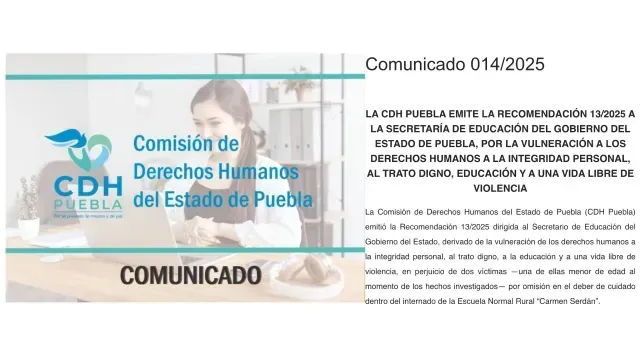 Comunicado CDH Puebla sobre Normal de Teteles de Ávila
