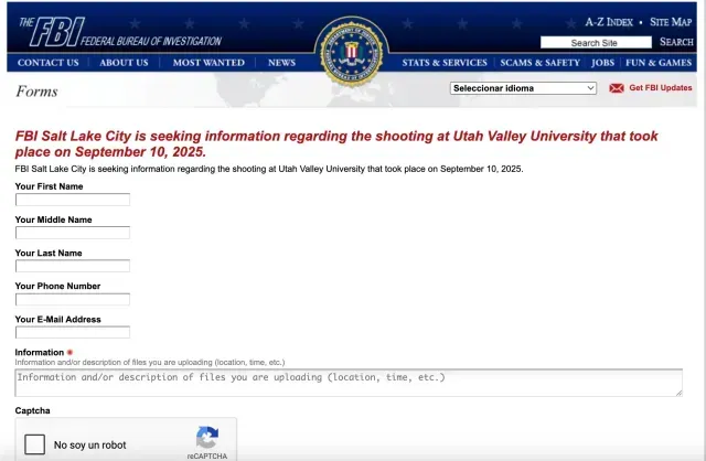 Página para registro de información sobre el asesino de Charlie Kirk. Foto: Captura de pantalla del FBI de Salt Lake City