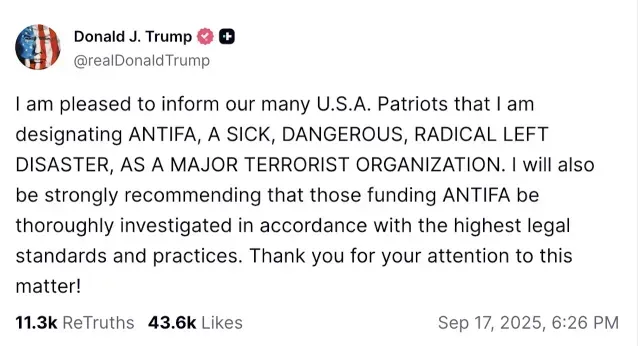 Publicación de Donald Trump sobre Antifa