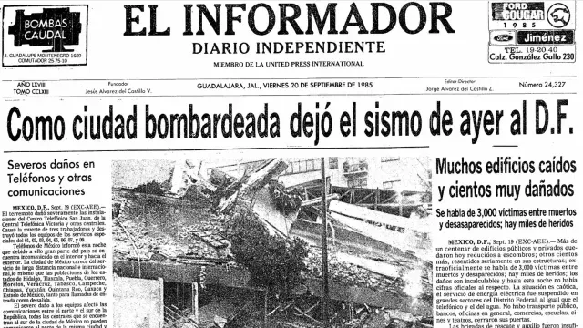 Portada del día 20 de septiembre de 1985 donde se consigna el sismo que sacudió a México. Foto: HNDM | El Informador