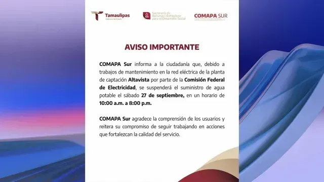 Comapa Sur Anuncia Mega Corte de Agua en Tampico y Ciudad Madero
