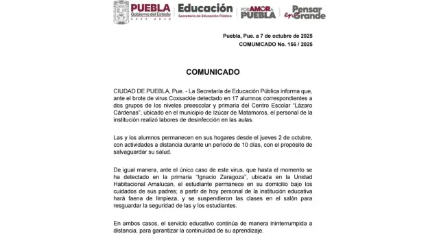 Comunicado SEP Puebla por contagios de virus de Coxsackie