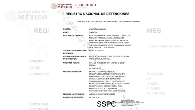 Ficha de detención de Javier "N" en Puebla. Foto: Gobierno de México