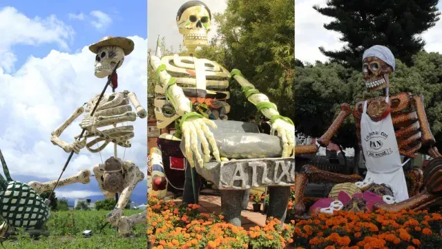El tlachiquero, la tortillera y el panadero en el Valle de Catrinas 2025. Foto: Karen Juárez