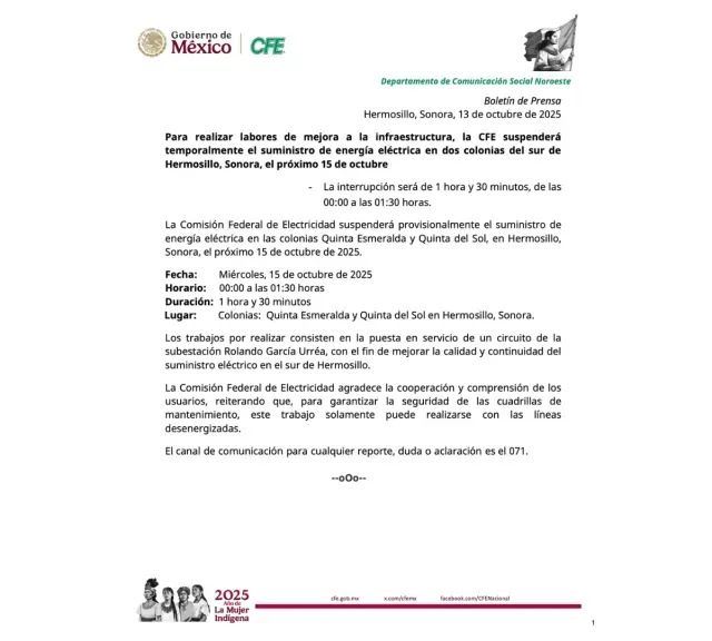 CFE Anuncia Suspensión de Energía Eléctrica en Estas Colonias de Hermosillo