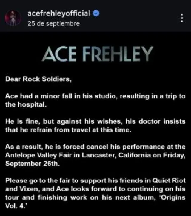 Mensaje en la cuenta oficial de Ace Frehley sobre su caída.