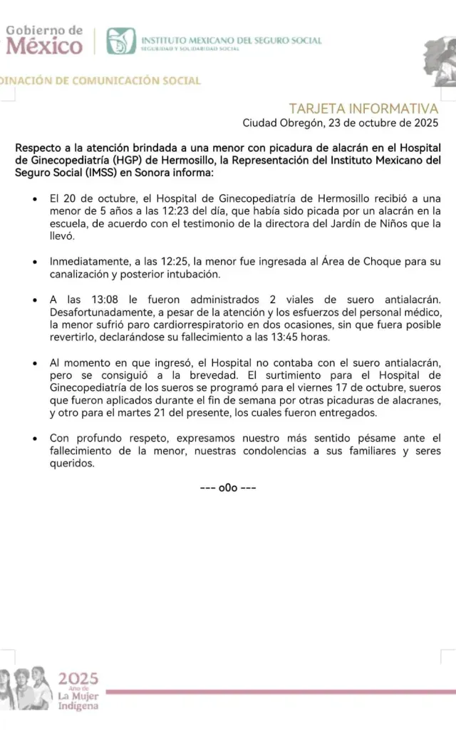 NIÑA MUERE IMSS EMITE COMUNICADO
