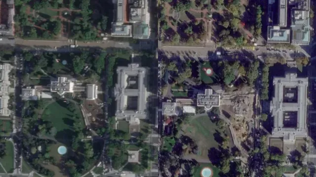 Así es como una imagen satelital muestra el antes y después del Ala Este de la Casa Blanca al ser demolida. Foto: AP