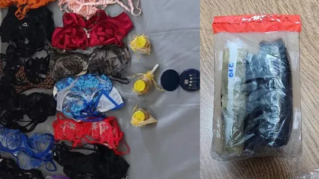 Prendas de vestir femeninas y accesorios para celular detectados en penal de Puebla. Foto: X @SSPGobPue