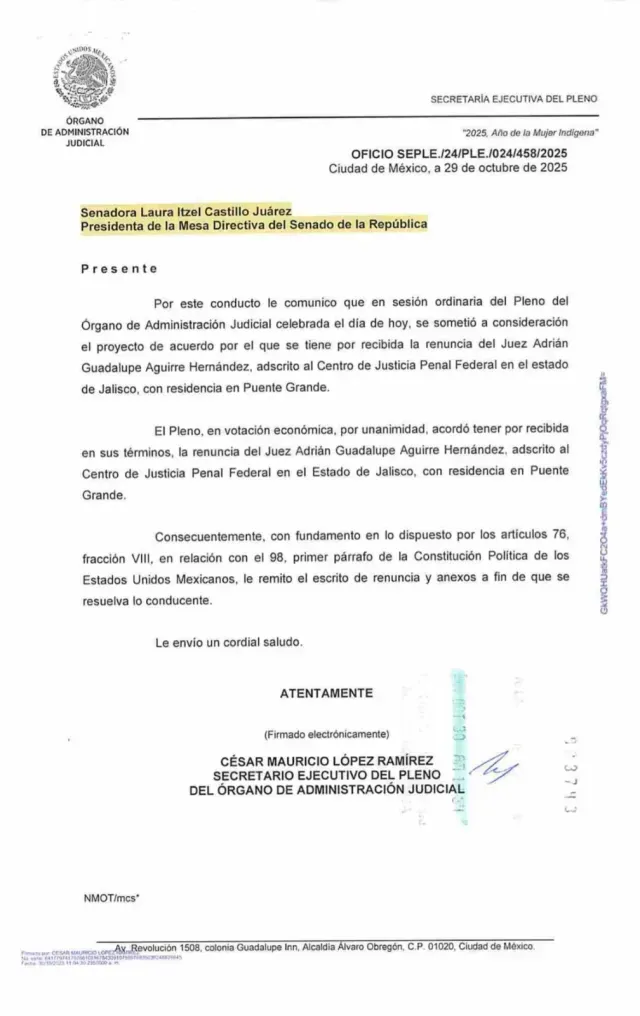 Así presentó su renuncia el juzgador Adrián Guadalupe Aguirre