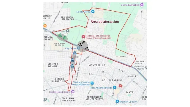Mapa de área afectada por apagón en Mérida. Foto: Facebook Secretaría de Obras Públicas del Estado de Yucatán
