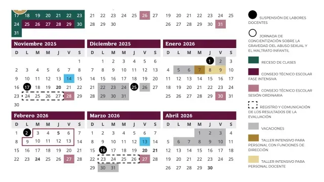 Calendario Escolar 2025-2026 marca descansos en noviembre y diciembre. Foto: SEP