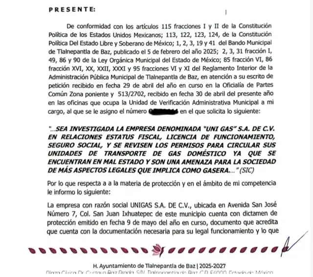 Respuesta del gobierno de Tlalnepantla de Baz, Estado de México.