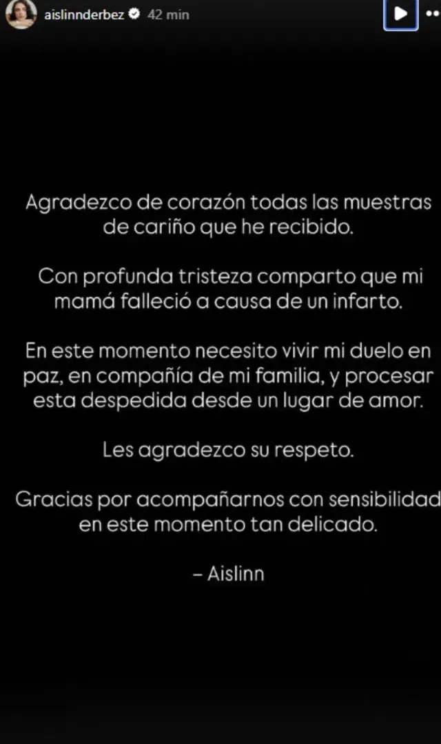 Publicación de Aslinn Derebez en redes sociales.