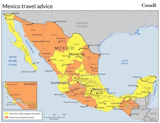 Mapa de riesgo de viaje de México, según Canadá. Foto: Gobierno de Canadá