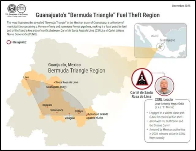 Mapa del Triángulo de las Bermudas, en Guanajuato. Foto: Departamento del Tesoro de Estados Unidos