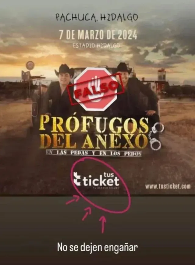 Anuncio falso concierto Prófugos del Anexo Tour 2024 en Pachuca