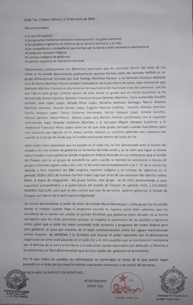 Comunicado sobre asesinato de Integrantes del Congreso Nacional Indígena en Chiapas
