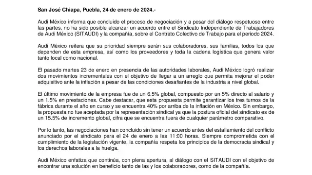Audi Communicatios lanzó un comunicado respecto al proceso de negociación. Foto: Audi México