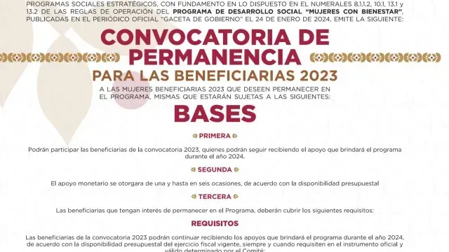 Comunicado de la convocatoria de permanencia Mujeres con Bienestar