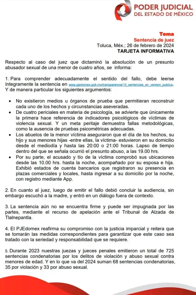 Comunicado del Poder Judicial respaldando la sentencia del juez