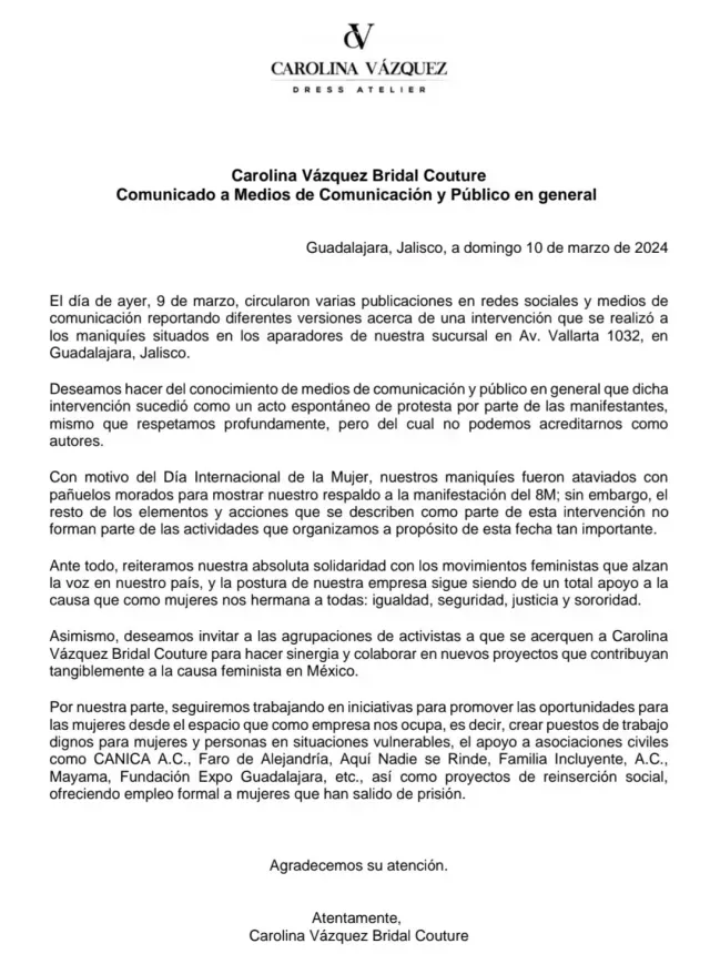 Comunicado de la diseñadora Carolina Vázquez