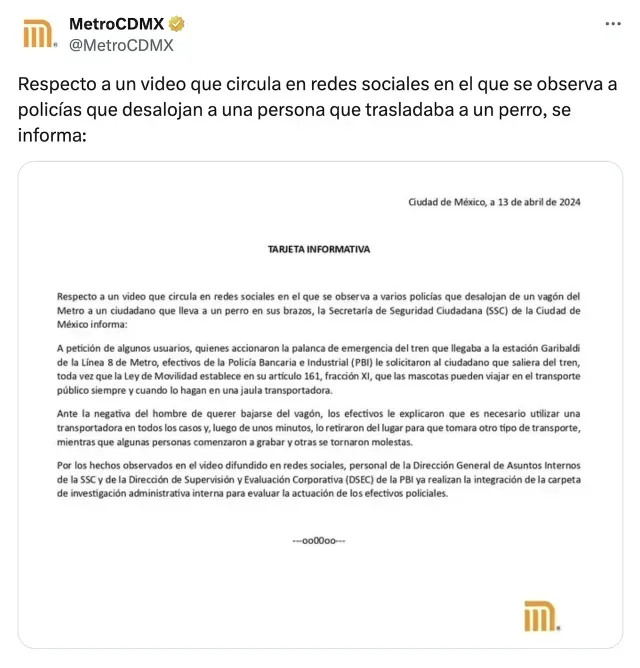 Metro de la Ciudad de México culpa a pasajero que llevaba a su perrito en el vagón