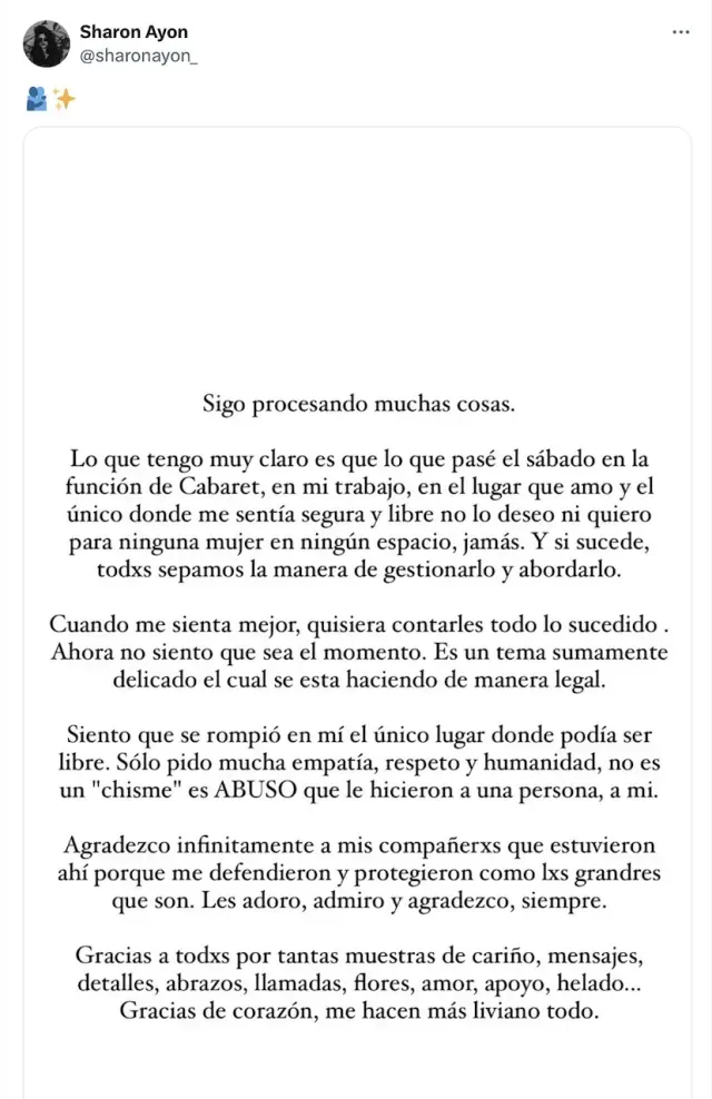 Comunicado de Sharon Ayon de la obra Cabaret
