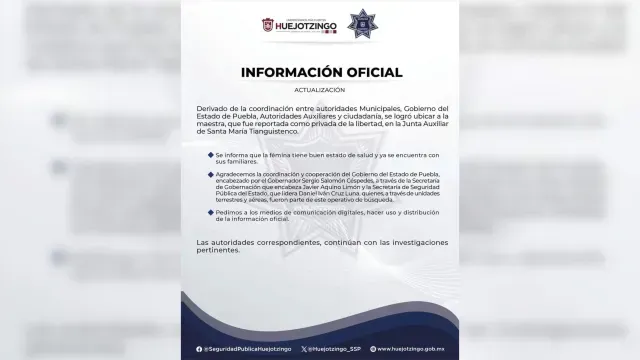 Lanzan comunicado de rescate de maestra secuestrada. Foto: Ayuntamiento de Huejotzingo