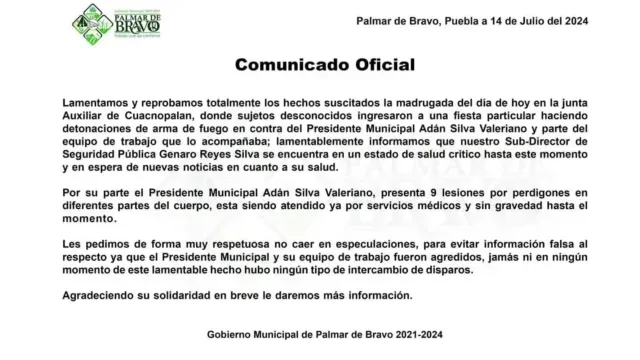 Comunicado Oficial del Ayuntamiento de Palmar de Bravo en Puebla ante el Atentado