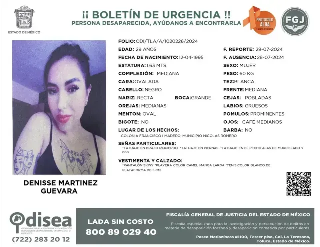 Ficha de desaparición de Denisse Martínez Guevara emitida por la FGJEM