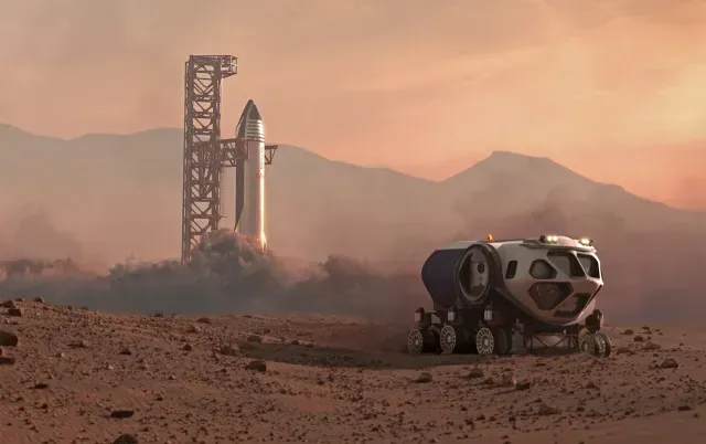 Ilustración artística de una misión de SpaceX en Marte