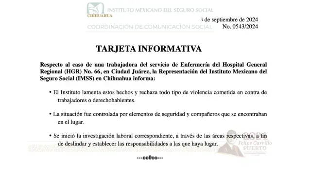 IMSS Chihuahua emitio una tarjeta informativa lamentando lo ocurrido