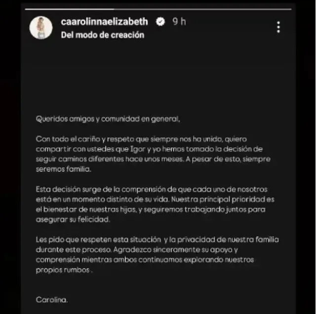 El comunicado de Carolina Elizabeth. Foto IG caarolinnaelizabeth