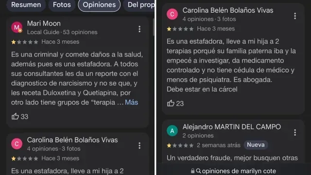 Reseñas negativas de las pacientes de la abogada Marilyn Cote. Foto X