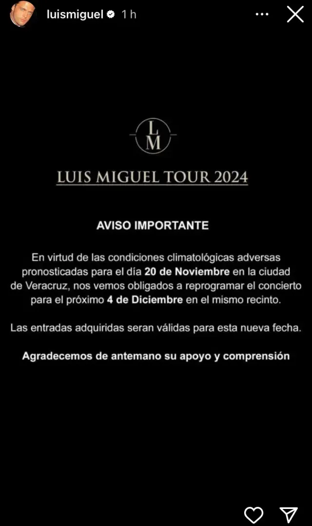 Aviso Luis Miguel reprograma concierto en Veracruz