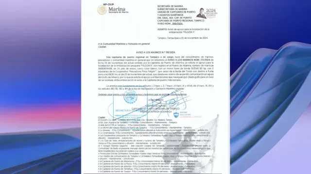 Embarcación Desaparecida Felgon II en Costa de Tamaulipas