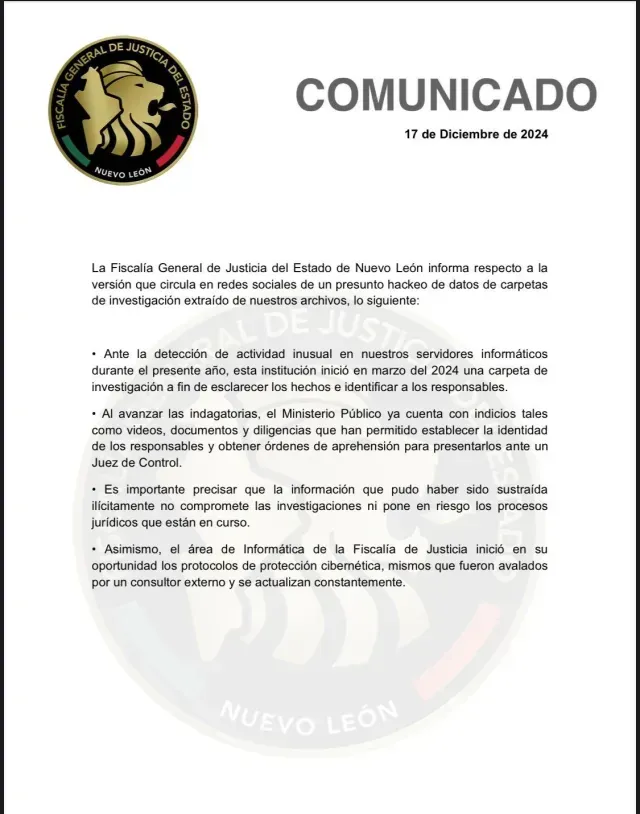 Comunica de Fiscalía de Nuevo León