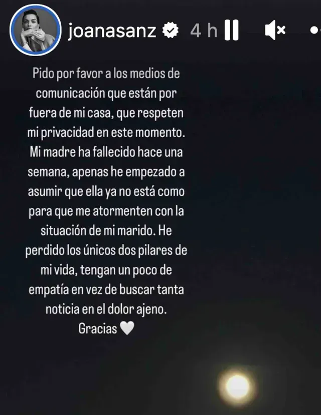 Story de Joana Sanz donde pide empatía a los paparazzis